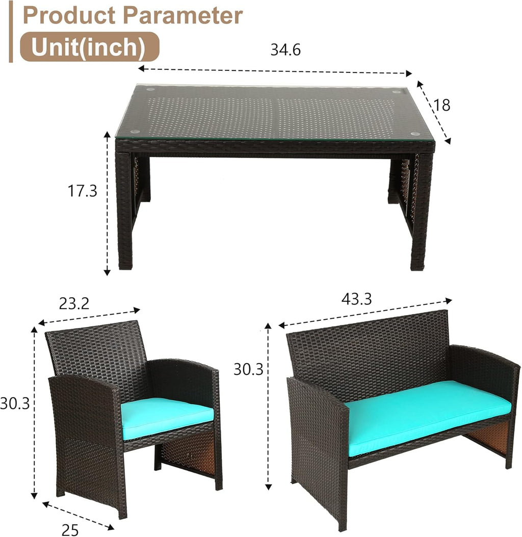 Skiennix Outdoor Furniture Set - 4-Piece Wicker Patio Conversation Set for Lawn & Garden - Brown/Blue