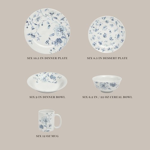 Martha Stewart Empress Bouquet Dinnerware Set - 30 Piece Porcelain Plates & Bowls | Chip & Scratch Resistant - Blue Floral