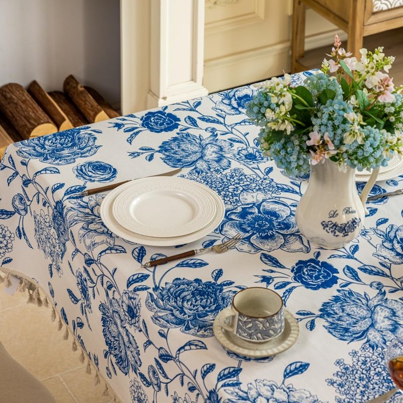 F-CHU Blue Floral Tablecloth Square Cotton Linen Table Cloth with Tassels for Restaurant, Picnic, Indoor and Table Cover Home Decoration 60x60-Inch