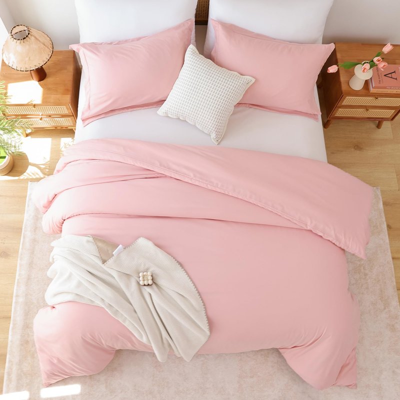 Whitney Home Textile Rose Pink Duvet Cover Set Twin Size - 2 Piece Luxury Soft Cooling Duvet Cover with Zipper Closure and Pillow Sham, Breathable Washed Brushed Microfiber, Comforter Not Included