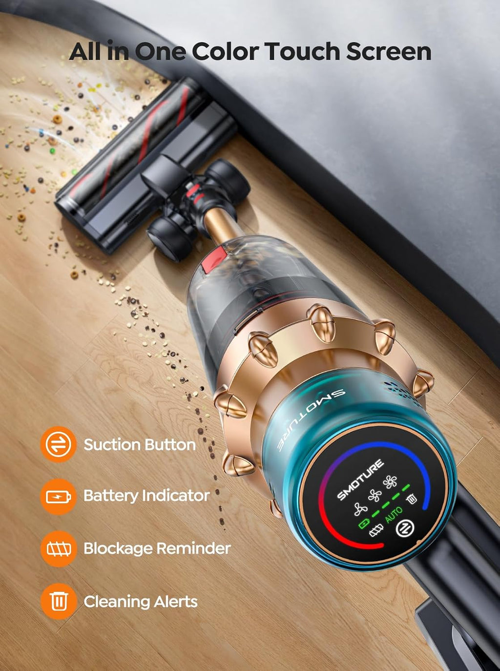 Skiennix Cordless Vacuum Cleaner - 55KPA Powerful Suction, 70 Mins Runtime, LED Touchscreen, Pet Hair & Carpet Friendly