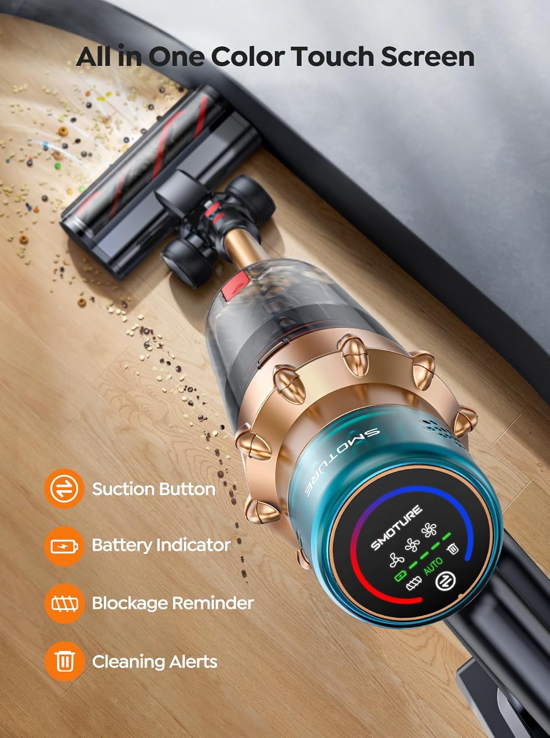 Skiennix Cordless Vacuum Cleaner - 55KPA Powerful Suction, 70 Mins Runtime, LED Touchscreen, Pet Hair & Carpet Friendly