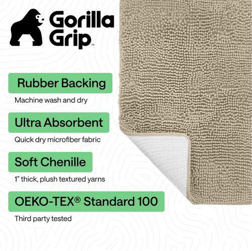 GORILLA GRIP Bath Rug Mat - Thick Soft Absorbent Chenille | Quick-Dry Microfiber, 44x26, Washable Sand