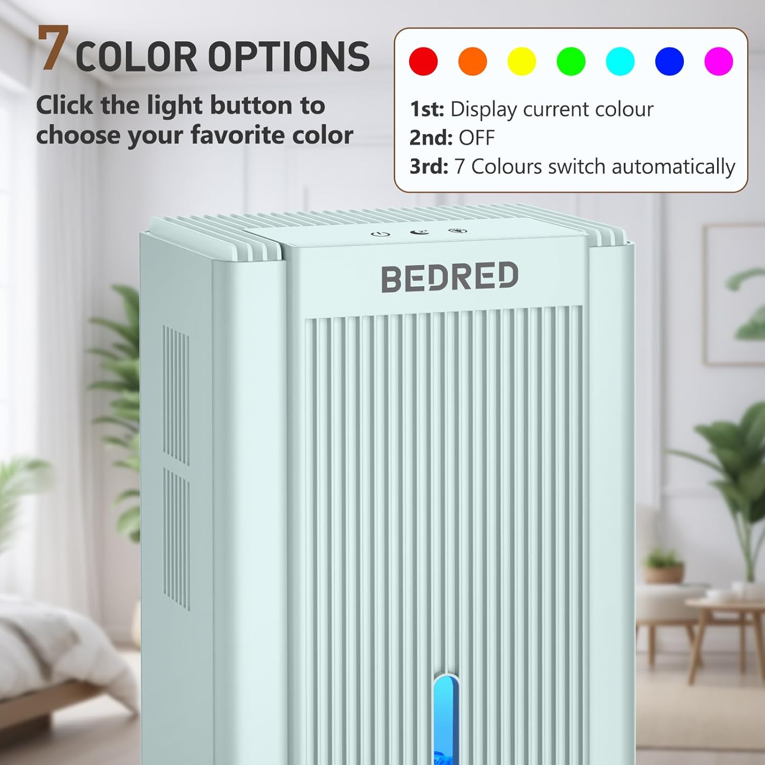 **Dehumidifier 95OZ - Quiet Home Unit for 1000 Sq.Ft with Auto Shut Off & 7 Color Ambient Light | Pale Turquoise**