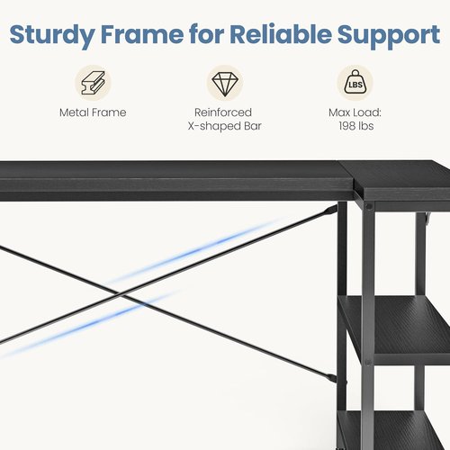 DUMOS L-Shaped Desk - 47 Inch Computer Desk with Reversible Storage Shelves - Modern Black for Home Office & Gaming