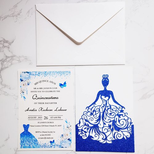 FLZOPYNE 50PCS Blank Quinceanera Invitations, 5 x7.3 Inch Laser Cut Girl Princess Invitation Card Kit with Envelopes for Quinceañera, XV Años, Mis Quince, Birthday Party Sweet 16 (Royal Blue Glitter)