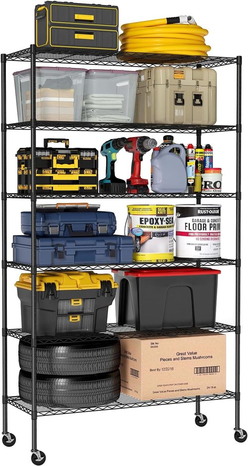 BestOffice 6-Tier Metal Storage Shelves - Adjustable Wire Shelving Unit with Wheels | 2100 lbs Capacity, Black