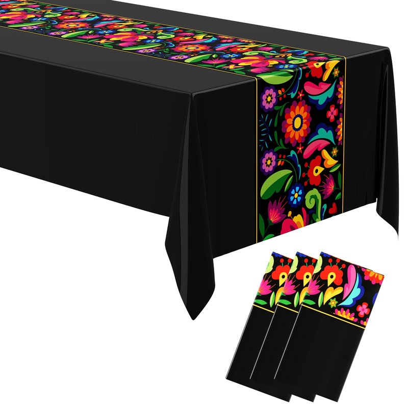 Oudain Mexican Fiesta Tablecloth 108 x 54 Inch Cinco De Mayo Plastic Table Runners Waterproof Disposable Table Cover for Taco Night Festive Mexican Fiesta Wedding Party Decoration(Black,3 Pcs)