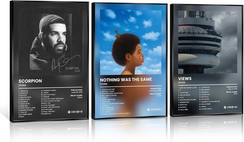 Anslivle 3-Piece Framed Canvas Drake Album Cover Posters - Black | 16x24 Inches Contemporary Music Wall Art