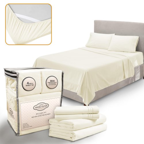 Abeero Home Twin Sheets Set - Luxury Hotel Bed Sheets - Soft Cooling Sheet with Elastic Corner Straps - Deep Pockets Microfiber Bedsheet - Bedding Sheet & Pillowcases Sets - 3 PC (Twin Size, Ivory)