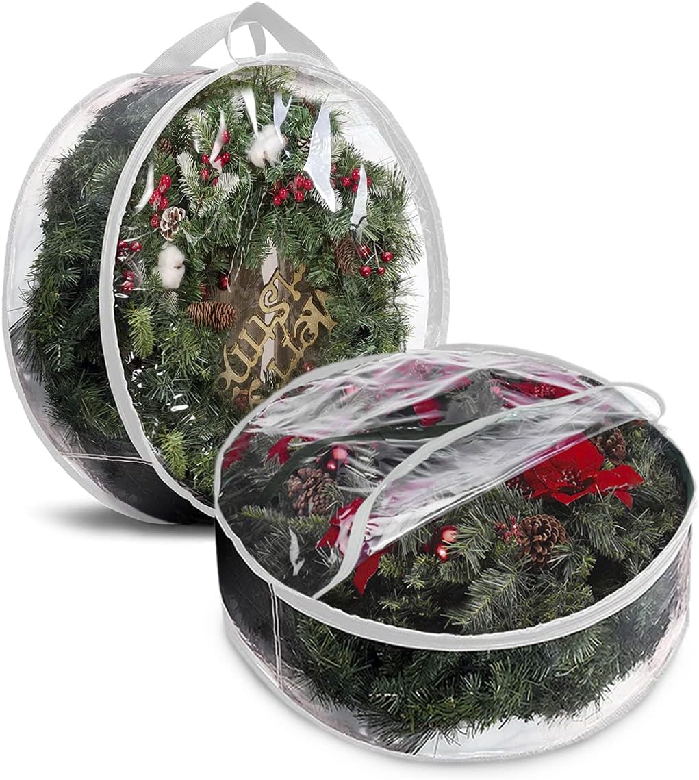 ProPik Christmas Wreath Storage Bag - 30" Waterproof PVC Container with Handles | 2 Pack, Clear Design