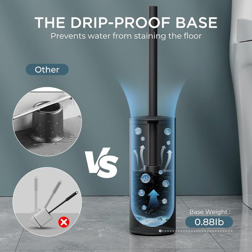 FORIOUS Toilet Brush Set - Heavy Duty 304 Stainless Steel Base with Long Handle & 2 Brush Heads | Black