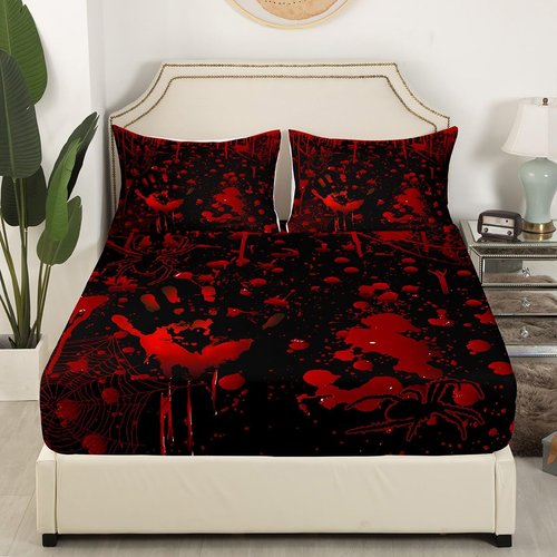 Red Blood Fingerprint Fitted Sheet Queen Size Black Spider Bedding Set Halloween Theme Sheet Set,Spider Web Bed Cover Ultra Soft Breathable Bedspread 3 Pcs for Kids Teens Boys No Flat Sheet