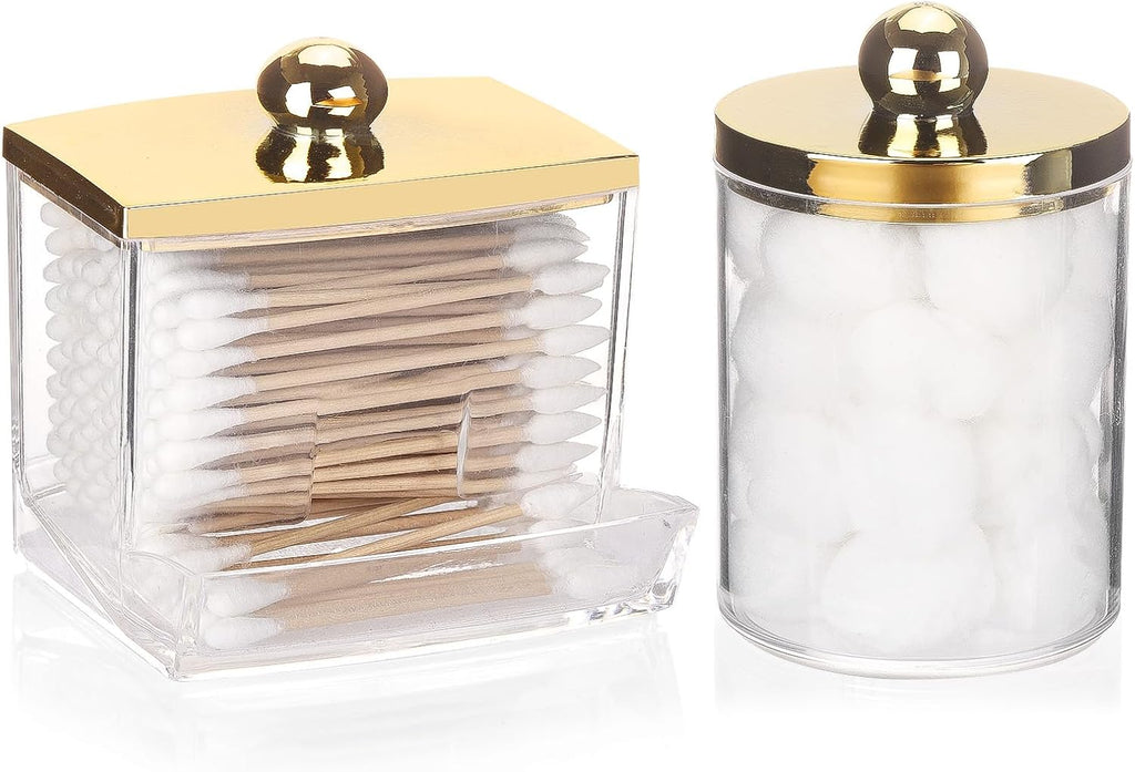Tbestmax Qtip Dispenser - Stylish Bathroom Organizer with Gold Lid | 2-Pack Plastic Apothecary Jars