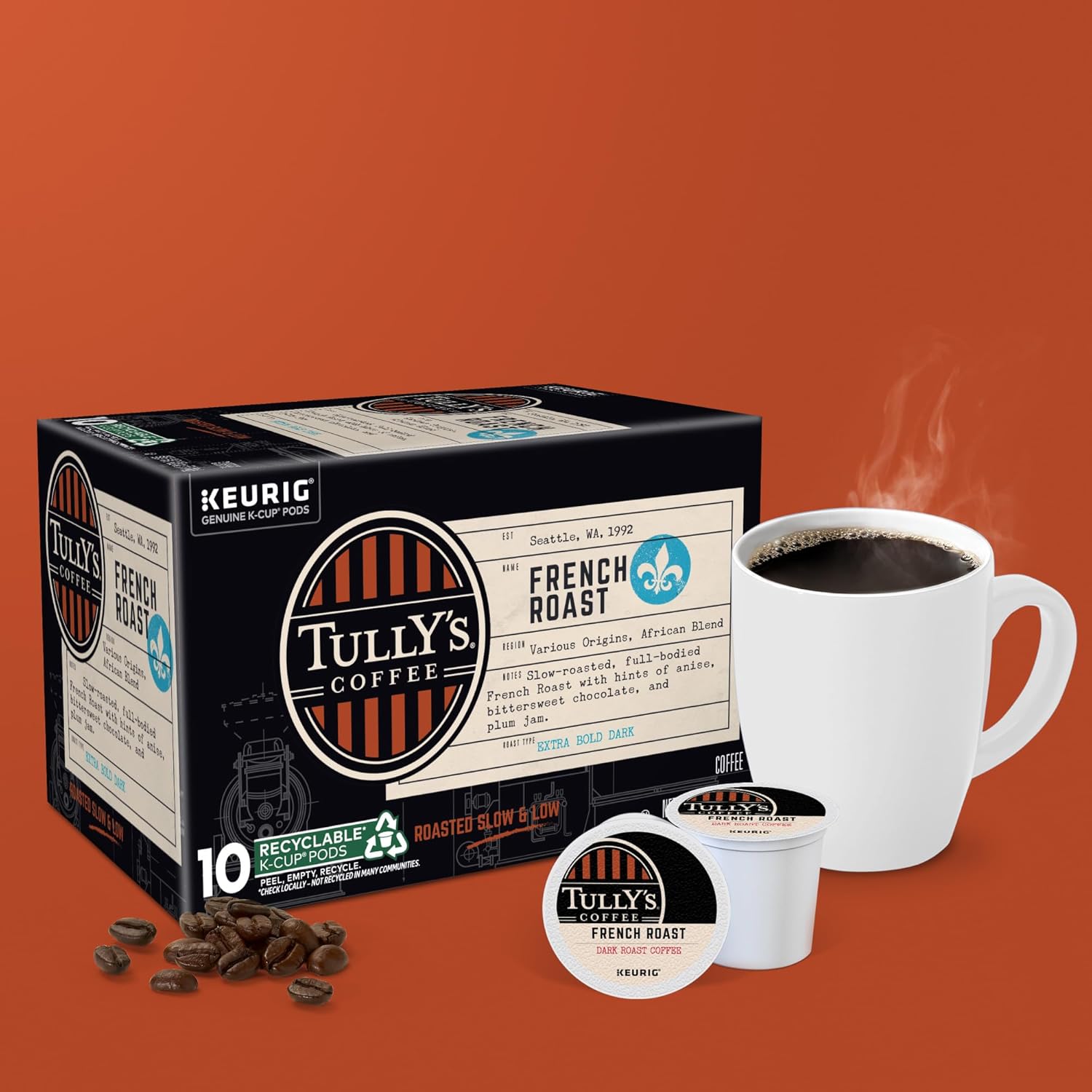 Tully's Coffee French Roast K-Cup Pods - Dark Roast Coffee, 60 Count (6 Packs of 10)