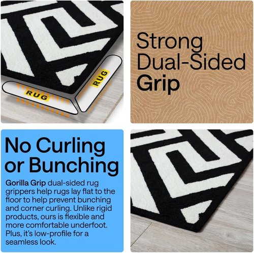 GORILLA GRIP Rug Gripper Pads - 12 Reusable Double-Sided Stickers for Secure Carpet Placement | Renter-Friendly Solution for Hardwood, Tile & Laminate Floors