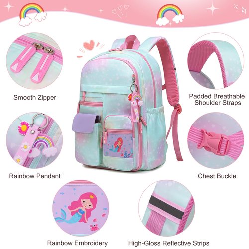 InduSKY Girls Backpack Set with 14oz Kids Insulated Water Bottle, Cute Rainbow School Backpacks for Girls with Lunch Bag Pencil Case, Kids Backpack Kindergarten Elementary Middle School Bags Book Bags