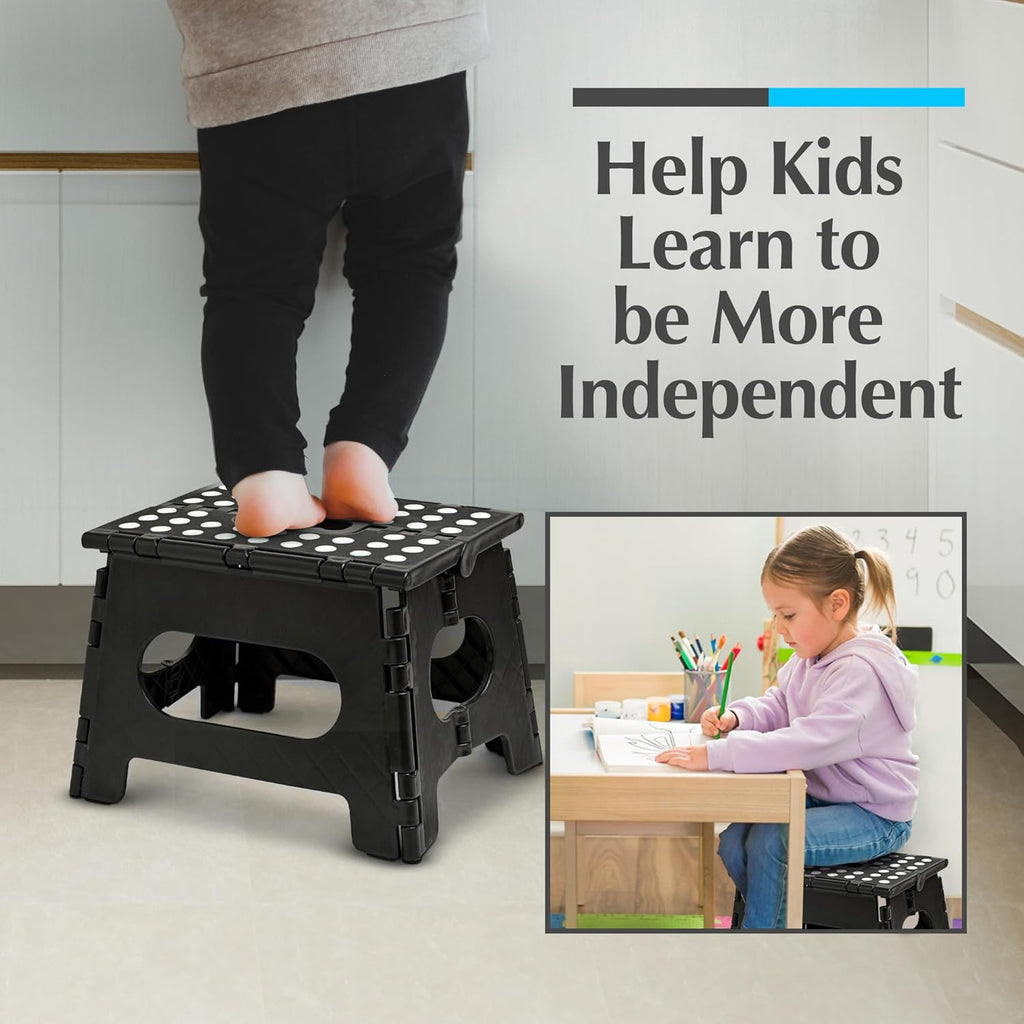 Skiennix Handy Laundry Folding Step Stool - Lightweight & Sturdy for Adults & Kids | Easy One-Flip Open - Black - 8 Inch