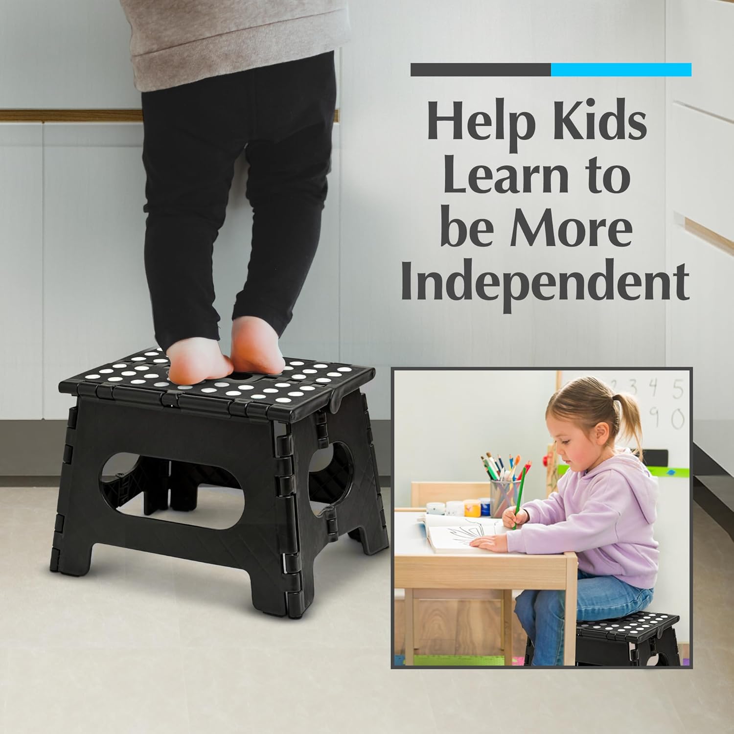 Skiennix Handy Laundry Folding Step Stool - Lightweight & Sturdy for Adults & Kids | Easy One-Flip Open - Black - 8 Inch