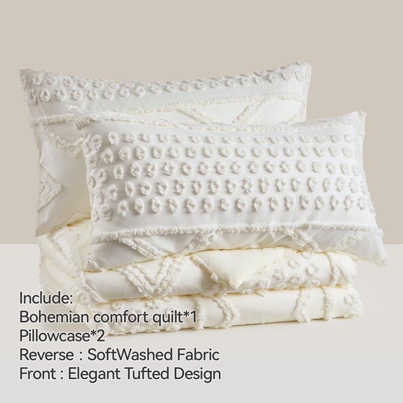 YIXWZAS Boho King Comforter Set Beige with Sheets, 3 Pieces Tufted King Comforter Sets Boho Bedding Cream Soft Warm Neutral Comforter Sets for All Seasons