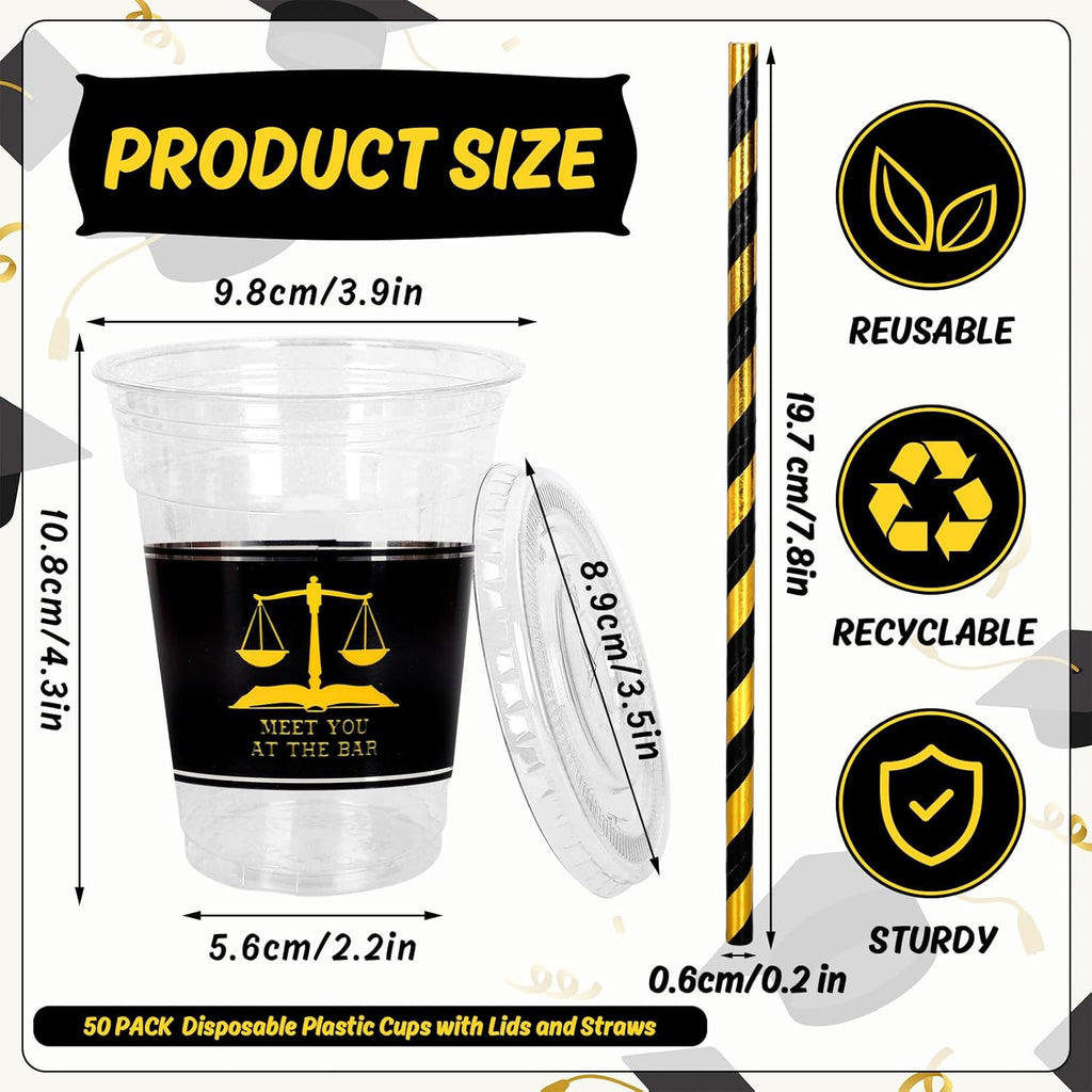 Whaline 50Pcs 12Oz Law School Graduation Cups - Disposable Plastic with Lids & Straws | Congrats Grad Party Supplies