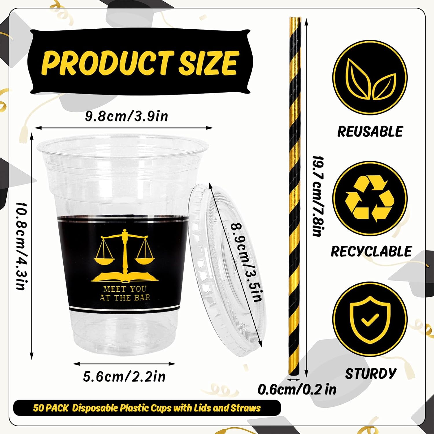 Whaline 50Pcs 12Oz Law School Graduation Cups - Disposable Plastic with Lids & Straws | Congrats Grad Party Supplies