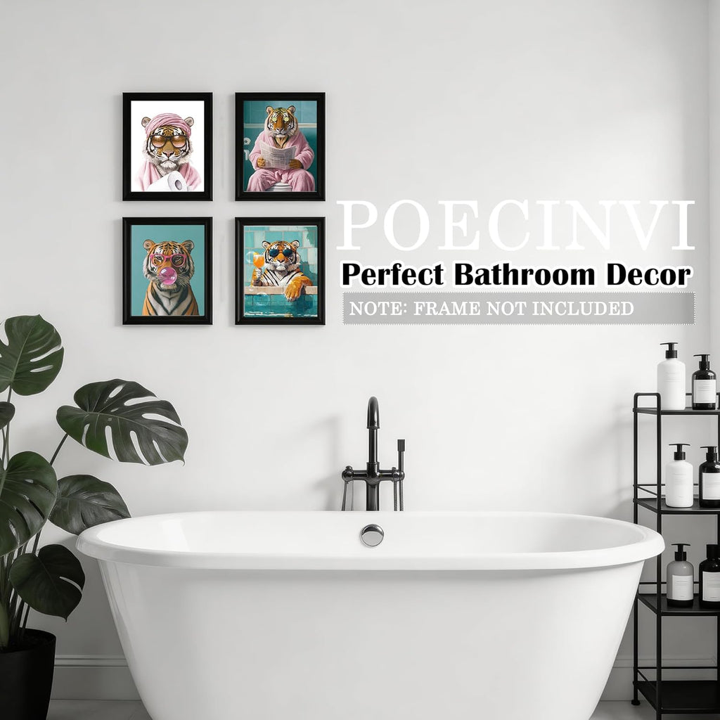 Poecinvi Pink Tiger Bathroom Wall Art Prints - Trendy Animal Decor Set of 4 | 8x10 Unframed