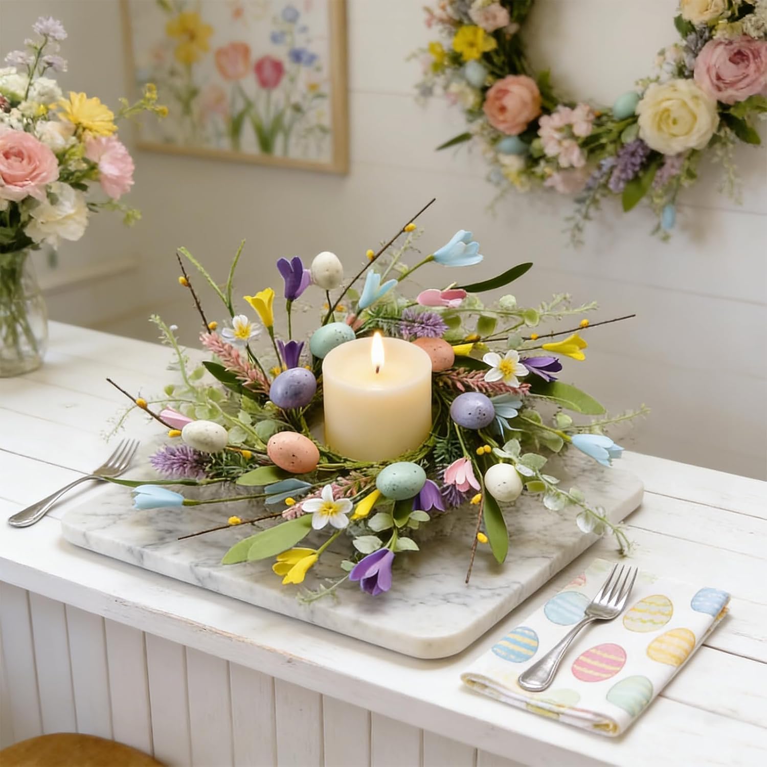 Skiennix Easter Candle Rings - 6 Pcs Mini Pillar Holders with Eggs & Flowers - Spring Yellow Berries Decor