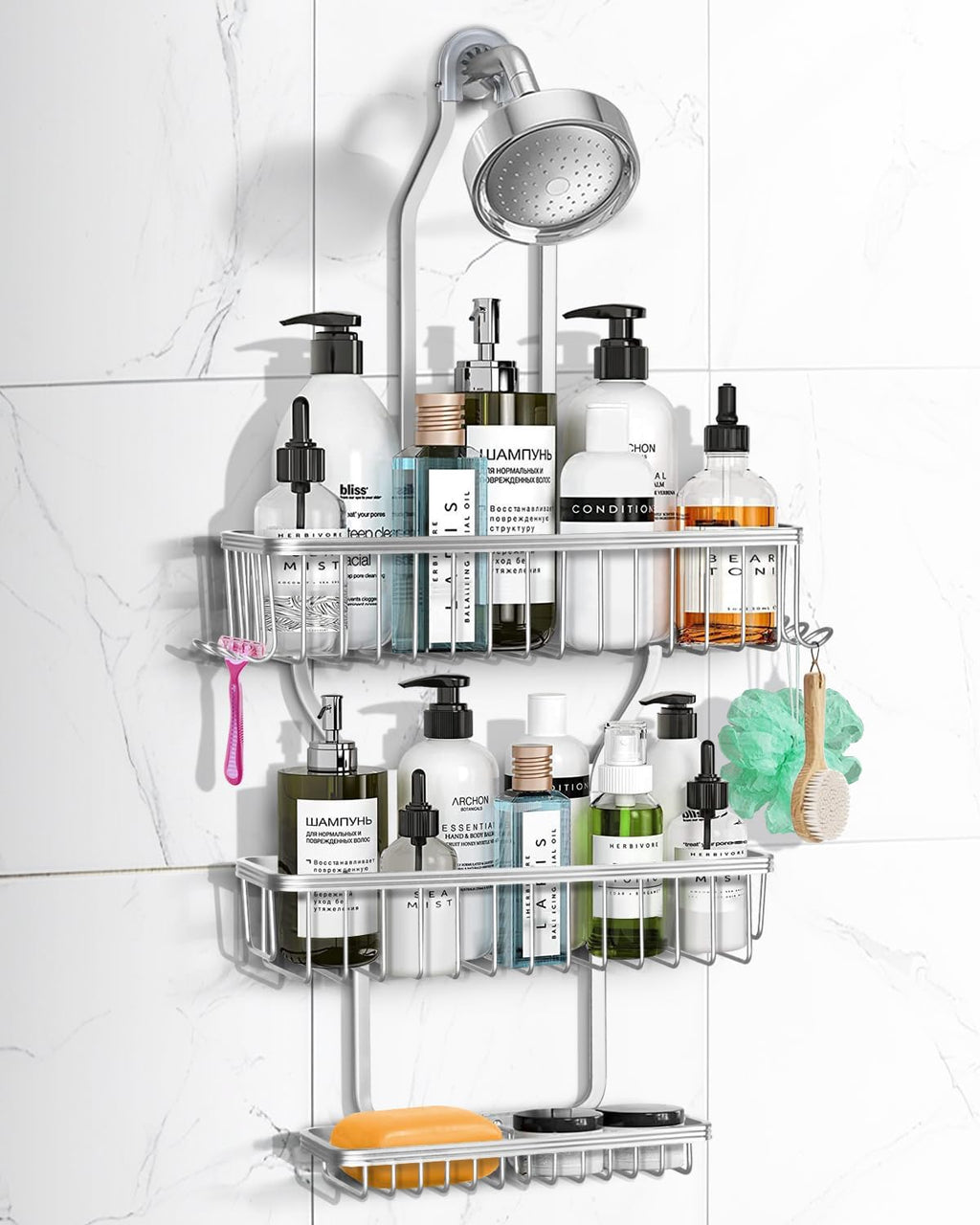 Regine Switzerland Shower Caddy - Rustproof Aluminum Overhead Organizer with 6 Hooks for Razors & Sponges | Silver