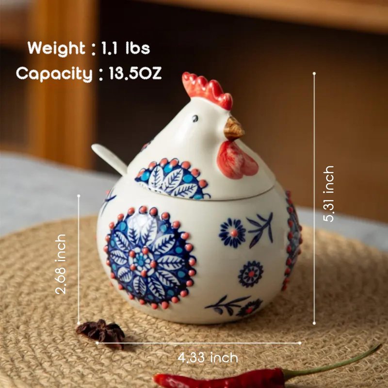 XIEFFICH 13.5 Oz Salt Cellar With Lid and Spoon (Blue)- Ceramic Chicken Spice Jars for Salt, Sugar, Pepper - Spice Containers for Countertop