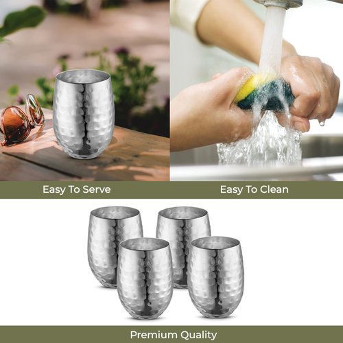 AVADOR Handcrafted Set of 4 Stainless Steel Shatterproof Glass Drinkware Tumbler Hammered Finish 16 Oz. each for Water | Wine | Moscow Mules | Stemless Wine Glass (Stainless Steel Finish)