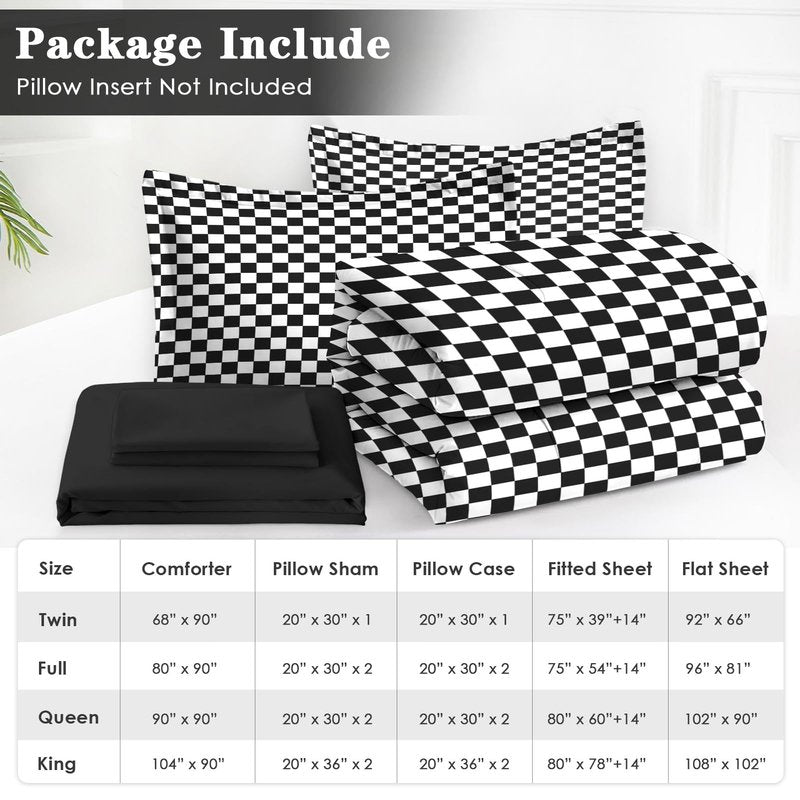 Nesphy Checkerboard Grid Black White Comforter Set 7 Pcs Queen Size Quilt, Checkered Geometric Luxury Plaid Soft Bedding Set with Flat and Fitted Sheet Pillowcases Sham for Adults Bedroom Bed Decor