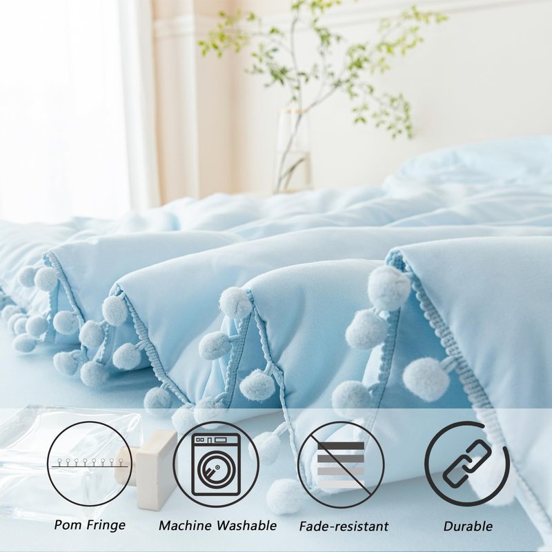 PERFEMET 5 Pieces Full Bed in A Bag Light Blue Pom Pom Bedding Set for Girls Boys Soft Fluffy Boho Solid Bedding Comforter Set with Sheets(Light Blue, Full)