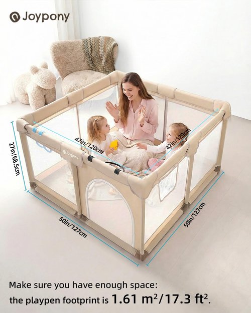 Joypony Baby Playpen - 50x50 Inch Safe Play Yard for Babies & Toddlers | Soft Mesh Design (Beige)
