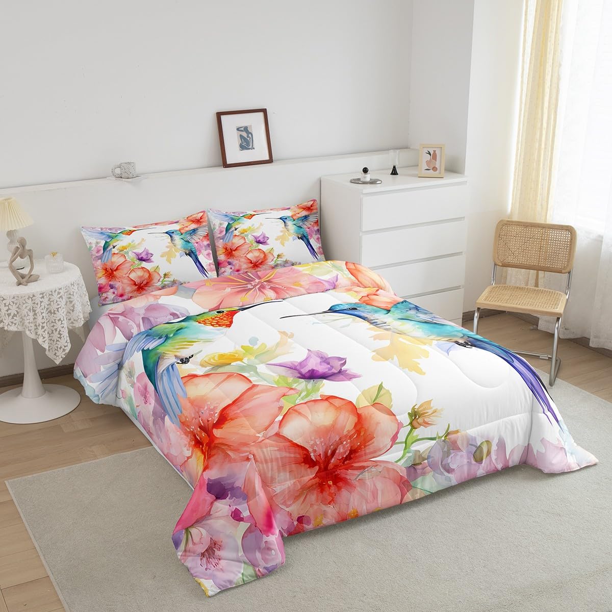 Feelyou Hummingbird Comforter Set Tropical Birds Bedding Set Hummingbird Flowers Comforter for Children Kids Boys Girls Microfiber Blossoming Iris Flowers Pink Duvet Set Twin Size