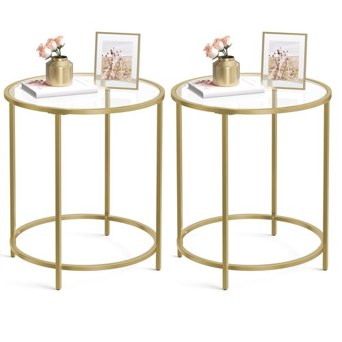 VASAGLE Round Side Tables, Set of 2, Glass End Tables with Metal Frame, Gold Coffee Tables with Modern Style, for Living Room, Balcony, Bedroom, Gold Color