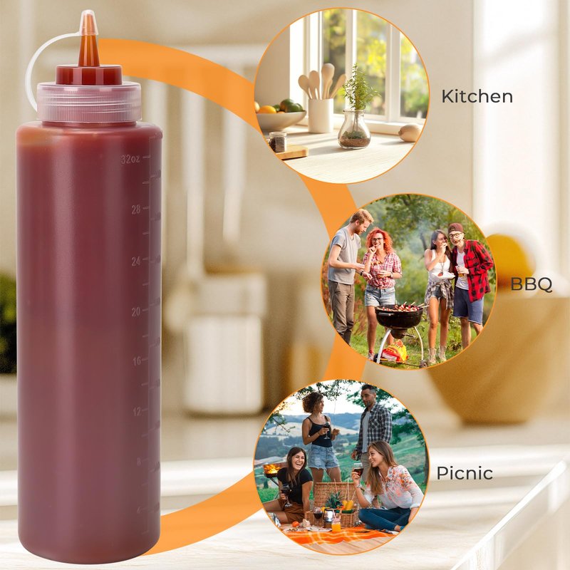 DHSBTLS 32 oz Plastic Squeeze Bottles, 8 Pack Clear Condiment Squeeze Bottles with Tethered Caps, Ketchup Bottles for Sauces, Perfect for Condiments, Oil, Icing, Liquids, with 10 Stickers and 1 Pen