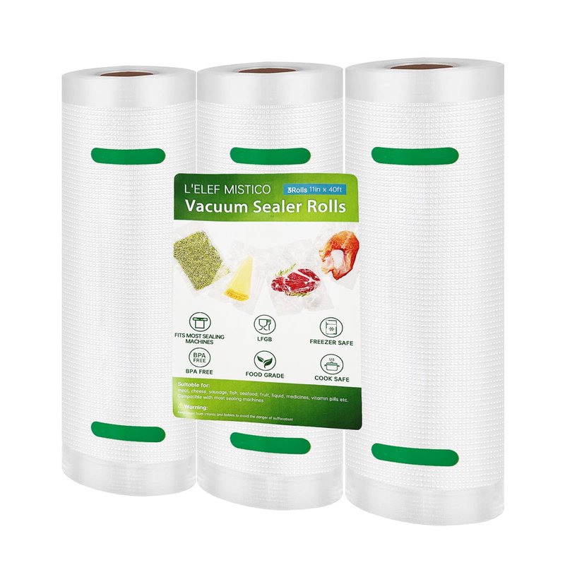 L'ELEF MISTICO Vacuum Sealer Bags for Food, 11''X40' (3 Rolls) BPA Free Food Saver Bags for Sealer, Customized Size Vacuum Storage Bags for Sous Vide or Meal Prep