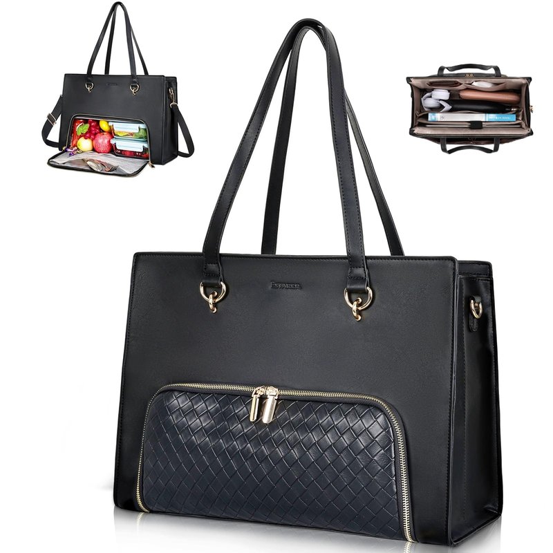 ESTARER Women Laptop Tote Bag with Insulated Lunch Compartment, 17-17.3 Inch PU Leather Work Bag Water-resistant, Convertible Large Business Computer Briefcase Handbag for Office/Travel/Casual, Black