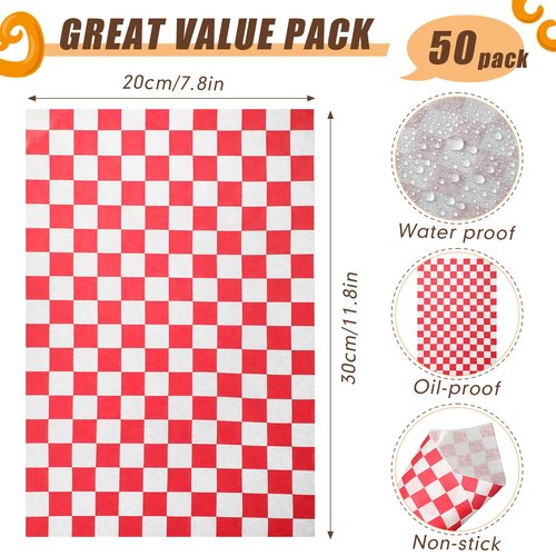 Laumoi 50 Set Kraft Paper Food Tray with Checkered Wrapping Paper Brown Greaseproof 4 Corner Pop up Paperboard Food Box Disposable Foldable Cardboard Trays for Party Theater Movie Night