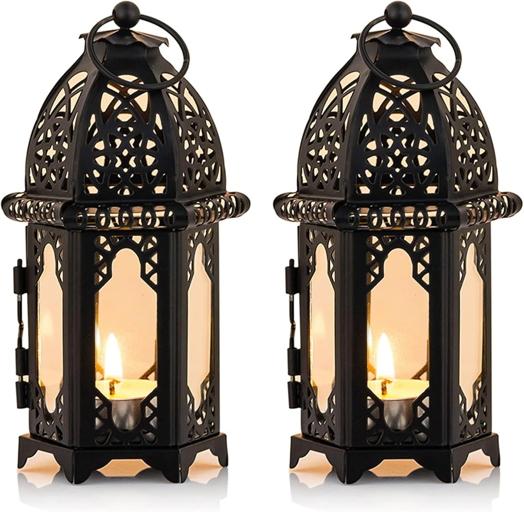 NUPTIO Moroccan Style Candle Lanterns - Small Tealight Holders with Glass Panels | Perfect for Events, Weddings & Patio Decor (2 Pcs, Black)