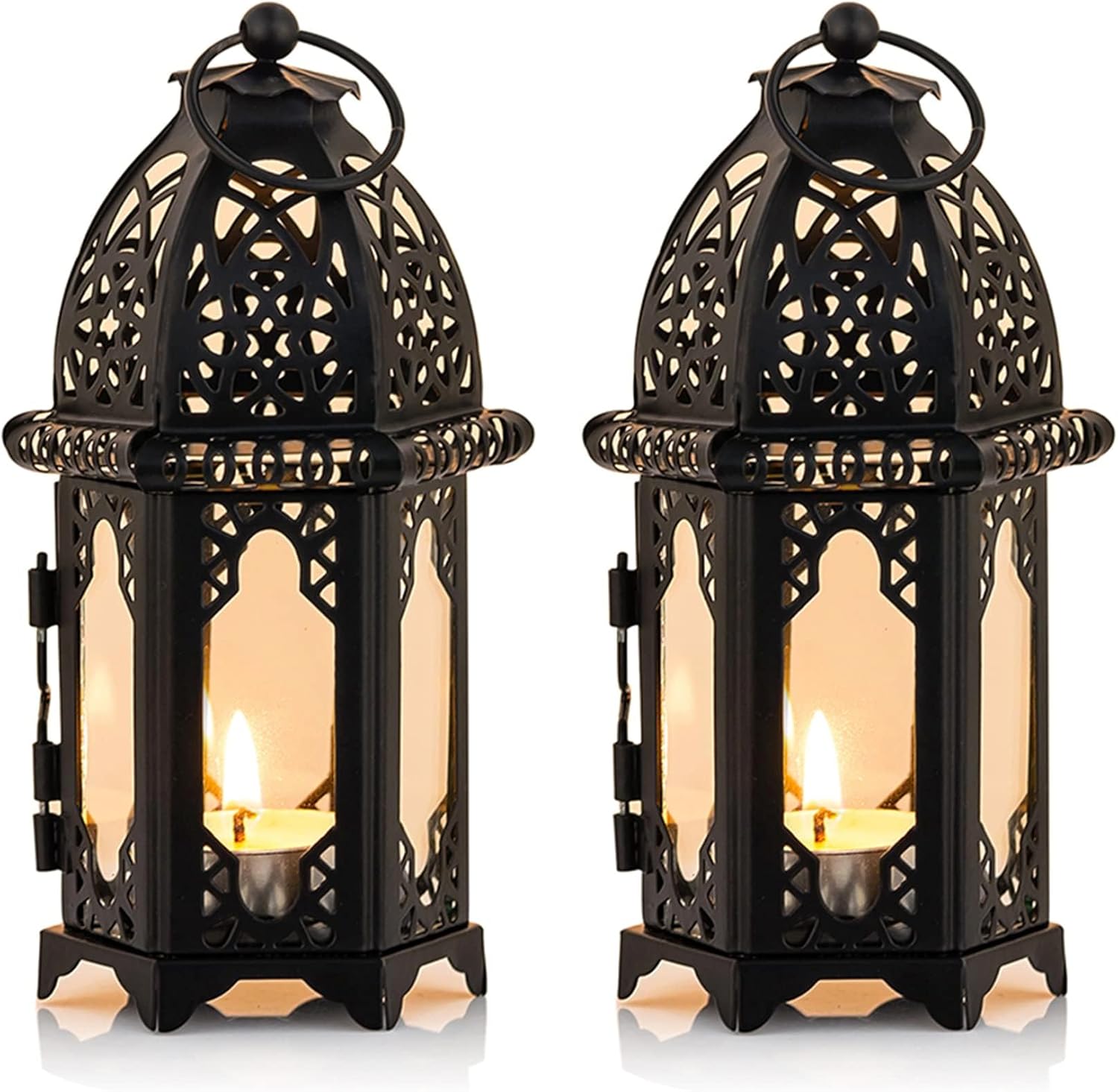 NUPTIO Moroccan Style Candle Lanterns - Small Tealight Holders with Glass Panels | Perfect for Events, Weddings & Patio Decor (2 Pcs, Black)