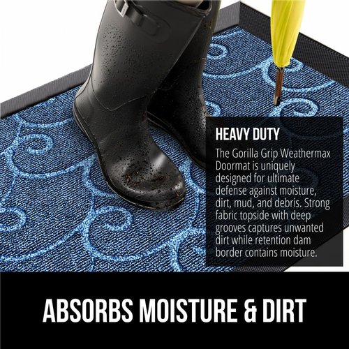 GORILLA GRIP Waterproof All-Season WeatherMAX Doormat - 72x24, Natural Rubber, Ocean Blue Waves, Easy Clean
