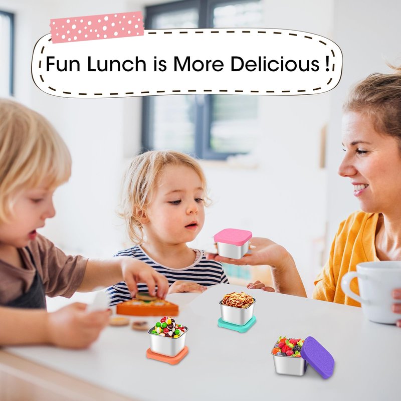 Haldane 4-Pack 6oz Stainless Steel Snack Containers for Kids Toddlers, Leak-Proof Bento Boxes with BPA-Free Silicone Lids, Reusable Food Storage Lunch Boxes for Daycare School Travel Picnic