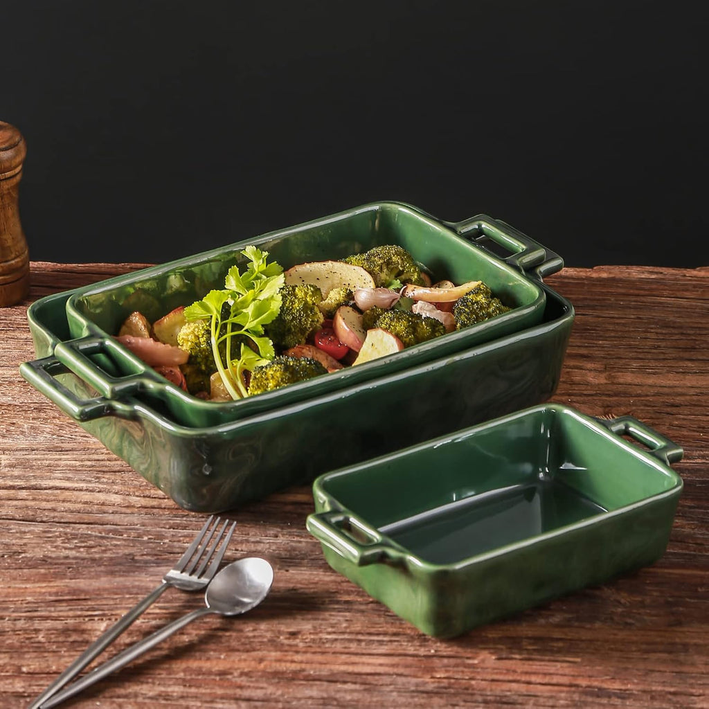 VICRAYS Ceramic Bakeware Set - Porcelain Rectangular Baking Dish for Lasagna & Casseroles | 3 PCS, 15 x 8.5 Inches, Green