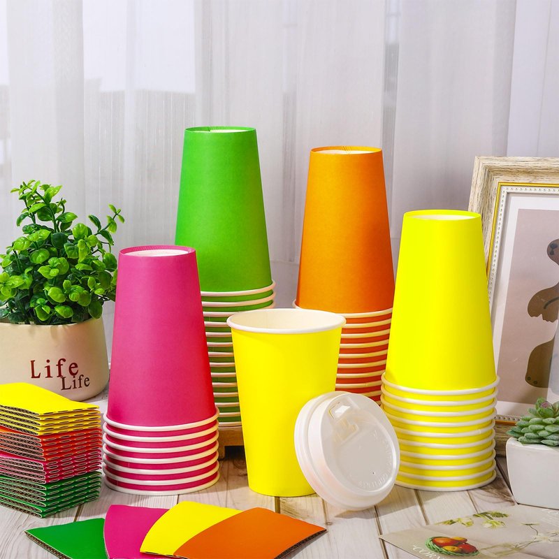 Whaline 100Pcs Neon Color Disposable Coffee Cups with Lids and Sleeves Fluorescent Paper Cups 4 Colors Drinking Cup for Home Restaurant Party Supplies