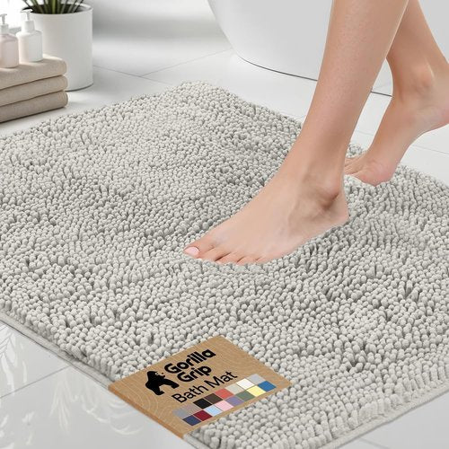 GORILLA GRIP Bath Rug Mat - Soft Absorbent Chenille | Quick-Dry Microfiber, 54x24, Light Gray