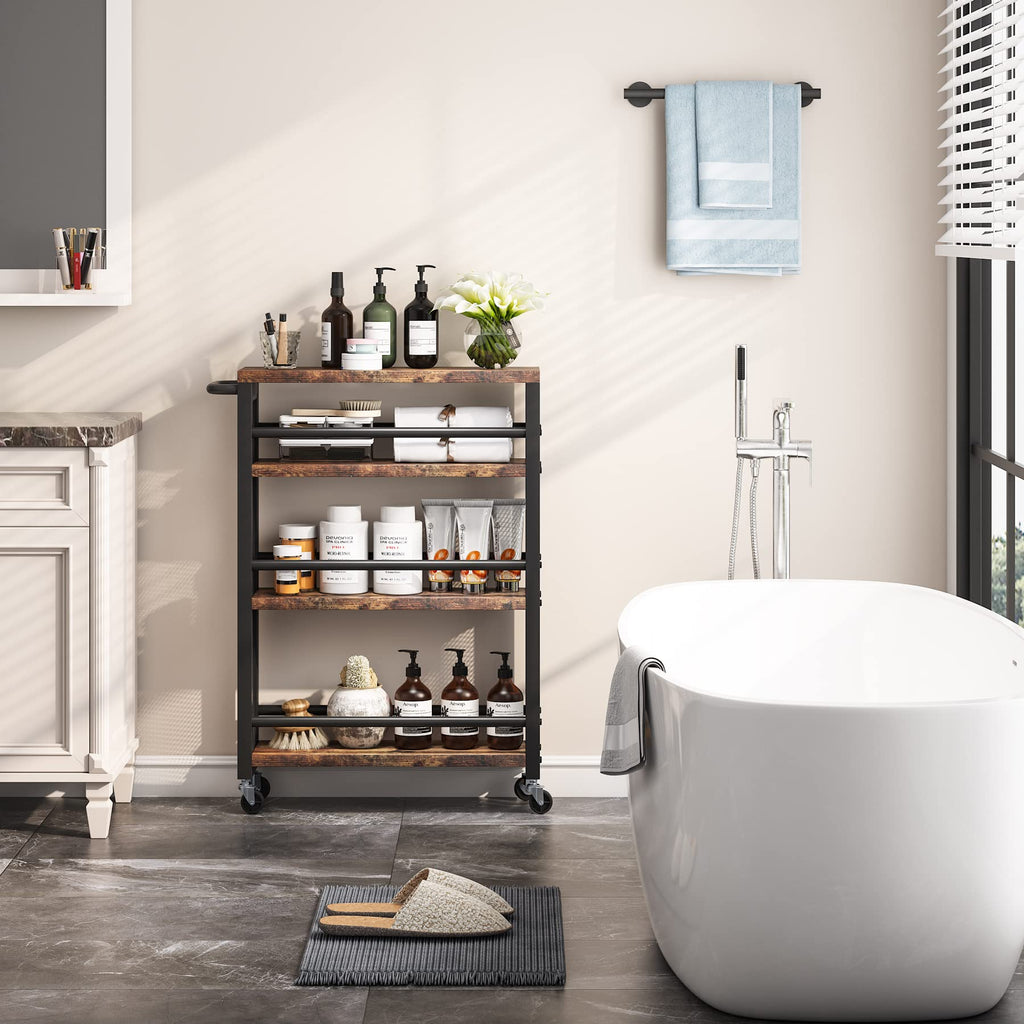 Tribesigns Slim Rolling Utility Carts with Wheels,4-Tier Narrow Kitchen Trolley Cart for Small Space,Wood Spice Storage Rack