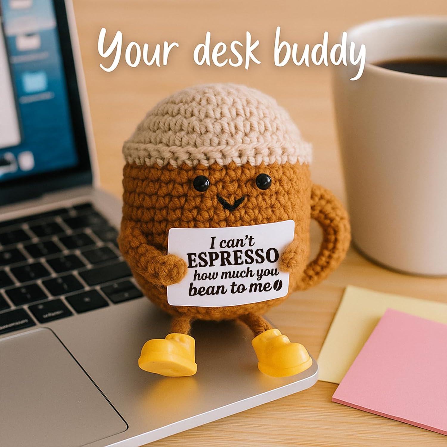 Positive Crochet Coffee Cup | Cute Desk Decor Gift for Coffee Lovers - Perfect for Him & Her