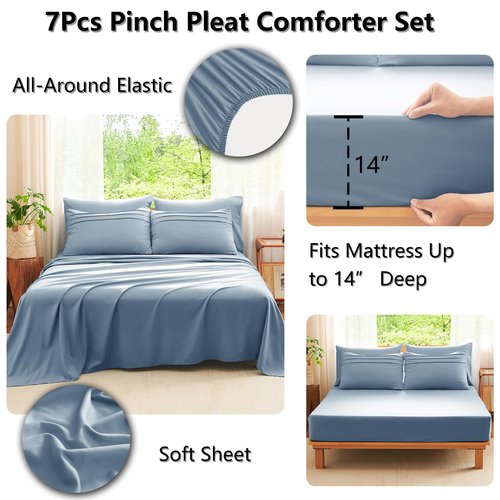 CozyLux Queen Comforter Set Grayish Blue, 7 Pieces Soft Pinch Pleat Bed in a Bag Queen Comforter Set with Sheets, Boho Bed Set with Down Alternative Comforter, Sheets, Pillowcases & Shams